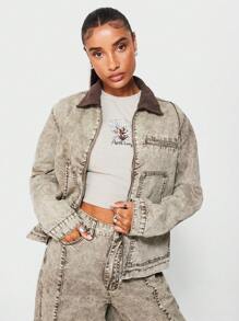 SUMWON WOMEN 带灯芯绒领子的洗水拉链实用夹克 - 卡其色 - 查看 1