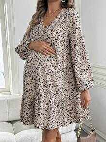 SHEIN Maternity All-Over Print Ruffled Hem Fall/Winter Short Dress - White - View 1