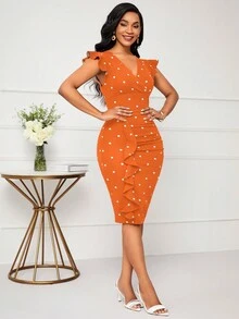 SHEIN Lady Office Dress V-Neck Polka Dot Print Wrap Around Ruffle Hem Elegant Dress - Yellow - View 6