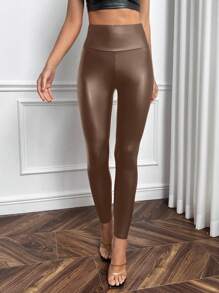 SHEIN X Antonella SHEIN SXY 女士纯色高腰 PU 皮革紧身打底裤 - 棕色 - 查看 3