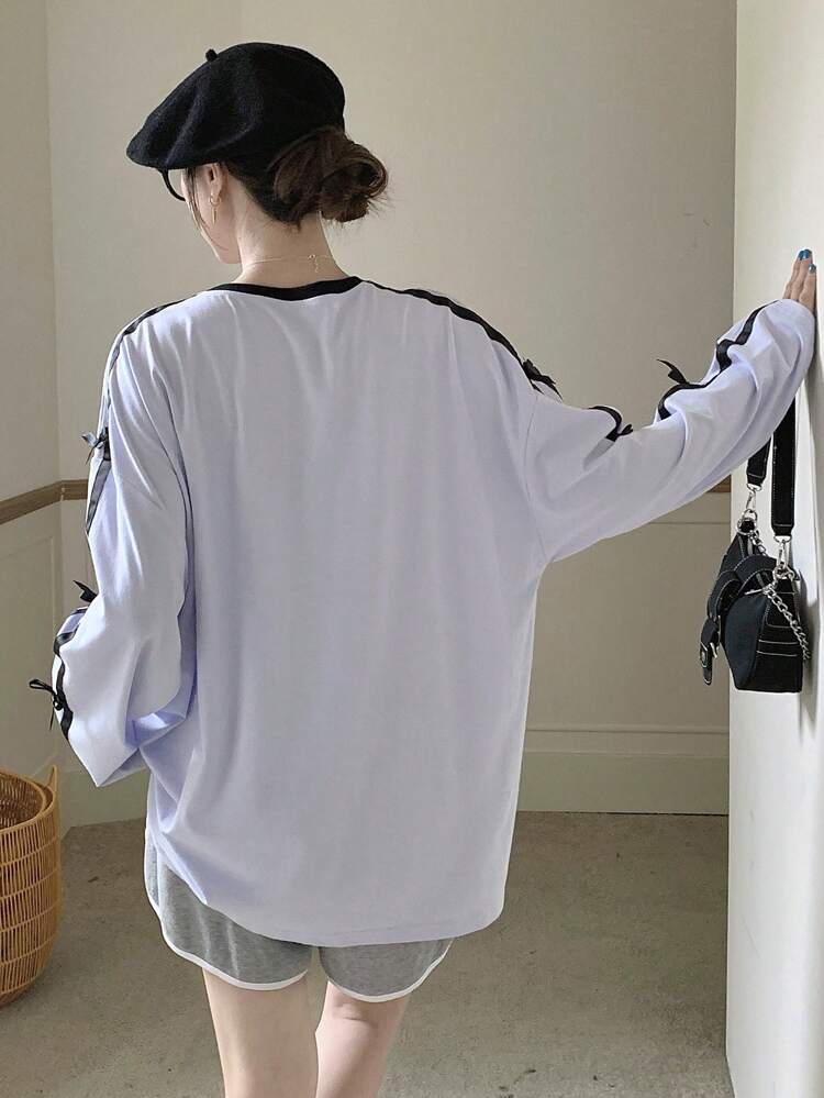 Women's Casual T-Shirt With Slogan Print And Bow Decor, Autumn Spring,Graphic Tees Long Sleeve