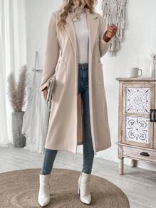 EMERY ROSE Áo khoác nữ cổ đứng tay dài màu trơn thanh lịch có hai túi, mùa đông - Màu Khaki - Xem 5