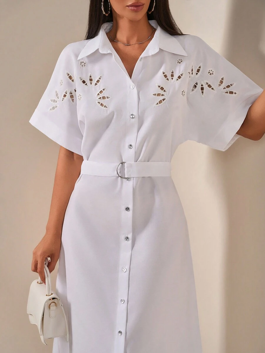 EURMUSE Placement Eyelet Embroidered Front Button  Shell Belt Long Dress - White - View 1