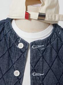 YOUNG BOY Retro Casual Dark Blue Washed Diamond Jacquard Flat Pockets Round Neck Jacket - Dark Wash - View 6