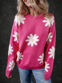 Cute Casual Long-Sleeved Knit Sweater With Daisy Floral Pattern And Round Neck - Pink - View 3
