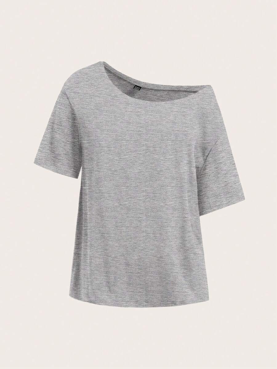 SHEIN Essnce Simple Floral Drop-Shoulder Plain T-Shirt For Women, Suitable For Summer - Grey - View 1