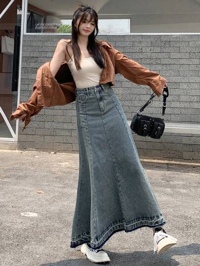 DAZY Chân váy maxi denim siêu dài dành cho nữ với viền tua rua, kiểu dáng Y2K.