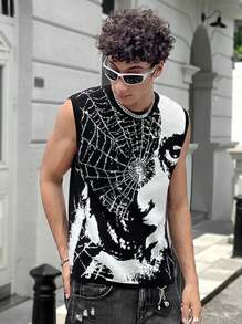 Manfinity Roghcode 男士时尚蜘蛛网图案针织毛衣背心，春秋骷髅毛衣 - 黑與白 - 查看 6