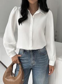 SHEIN Essnce 女士休闲时尚白色纯色泡泡袖休闲宽松衬衫长袖衬衫女衬衫亲子装衬衫工作女衬衫秋季衬衫文艺复兴衬衫商务休闲女衬衫秋季女装 - 白色 - 查看 1