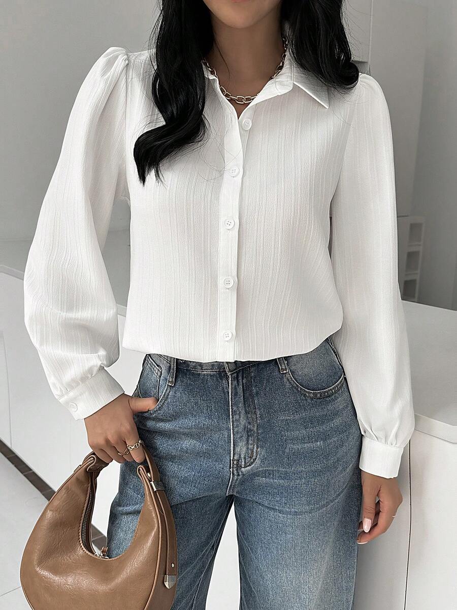 SHEIN Essnce 女士休闲时尚白色纯色泡泡袖休闲宽松衬衫长袖衬衫女衬衫亲子装衬衫工作女衬衫秋季衬衫文艺复兴衬衫商务休闲女衬衫秋季女装 - 白色 - 查看 1