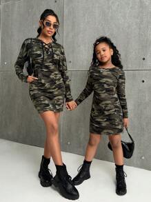 SHEIN Essnce 女式春夏长袖孔眼系带口袋修身迷你连衣裙 - 彩色 - 查看 2