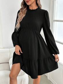 SHEIN Maternity Elegant Green Long Formal Dress With Lantern Sleeves And Side Slit, Fitted Maxi Pregnancy Dress