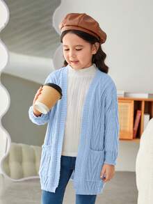 SHEIN 年轻女孩长袖休闲度假风格开衫 - 藍色 - 查看 5