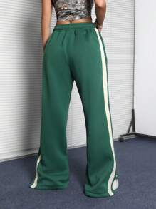 Muchica Quần ống rộng kẻ sọc xẻ gấu màu xanh lá cây thường ngày cho nữ dạo phố mùa thu - Màu xanh lá cây đậm - Xem 2