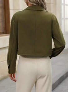SHEIN Clasi Chaqueta con cremallera, cordón y bolsillos bordada de manga larga para mujer - Verde militar - Ver 2