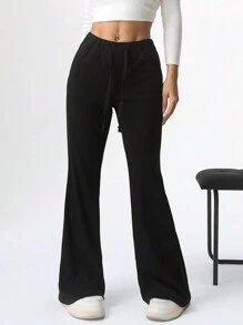 SHEIN EZwear Women's Solid Color Thermal Lined Warm Pants - Black - View 5