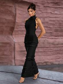 女士无袖褶皱露背荷叶边美人鱼绷带连衣裙 - 黑色 - 查看 5