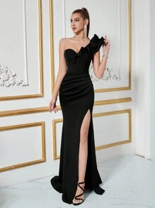 ADYCE Vestido elegante de noche, fiesta, graduación, cena, color negro formal para bodas y eventos, con un hombro, fruncido, pliegues delanteros y abertura lateral - Negro - Ver 1