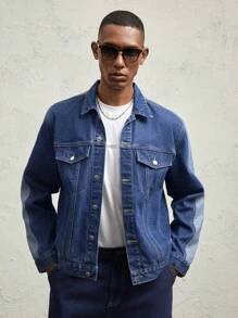 AKNOTIC Business Casual 男士宽松落肩翻领长袖休闲牛仔夹克，适合秋季 - 深色水洗藍 - 查看 6