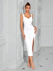 ADYCE Abito da festa con scollo a V senza maniche, plissettato sulla parte anteriore, con spacco, bianco, elegante, da cocktail, semi-formale, da festa di laurea, a cena, per un ritorno a casa