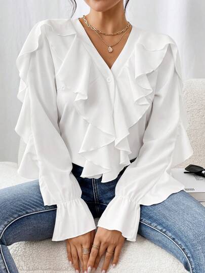 Selianne Blusa informal de manga larga con cuello en V, unicolor, volantes frontales y botones
