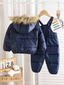 SHEIN 2pcs/Set Baby Boy/Girl Warm Fuzzy Hooded Jacket & Overalls Outfit, Suitable For Autumn And Winter, Great For Outdoor/Skiing