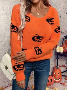 SHEIN LUNE Pull en tricot à motif citrouille pour Halloween, pull pour l'automne et l'hiver - Orange - Voir 3