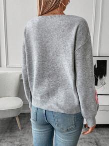 EMERY ROSE Damen 3D Blumen Dekor Rundhals Langarm Strickpullover, Langarm Oberteile, Herbst Winter - Grau - Übersicht 2