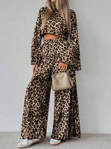 SHEIN LUNE Bộ 2 áo crop top dài tay cổ tròn họa tiết da báo cho nữ và quần ống rộng, Xuân Hè - Nhiều màu - Xem 4
