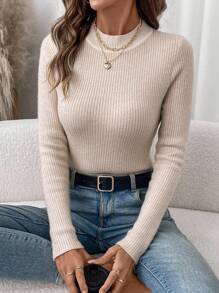 SHEIN LUNE Women's Autumn/Winter Thermal Lined Slim Knitted Sweater - Khaki - View 1