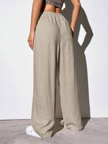 SHEIN EZwear Quần ống rộng dệt eo rút dây rộng màu kaki thường ngày cho nữ - Màu Khaki - Xem 2