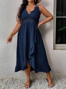 SHEIN VCAY Plus Size Casual Holiday Patchwork Ruffle Strap Dress,Beach Dress Sundress,Holiday Outfits Boho
