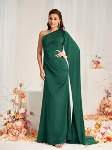 SHEIN Belle 优雅浪漫的深绿色缎面面料，不对称领口及地飘逸裙摆，美人鱼风格连衣裙，适合婚礼活动、约会、正式女士伴娘礼服 - 墨綠色 - 查看 1