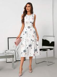 SHEIN Clasi Women Floral Print A-Line Sleeveless White Women Dresses - Multicolor - View 7