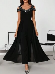 SHEIN Clasi Women's Elegant V-Neck Rhinestone Embellished Open Shoulder Flowy Mesh Jumpsuit Women Jumpsuits  Homecoming - Black - View 1