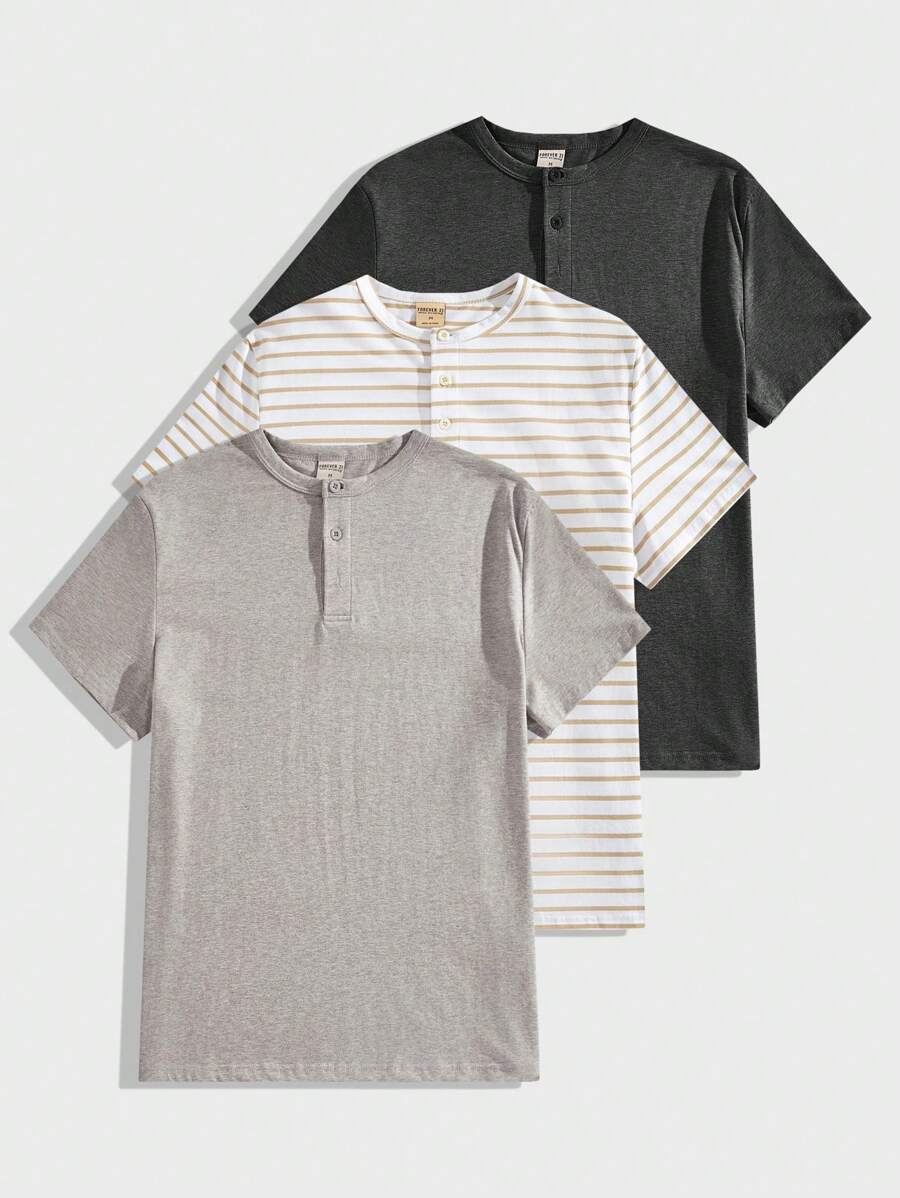 Forever 21 男士亨利领 T 恤（3 件装）多种颜色可选 - 彩色 - 查看 1