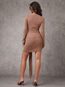 SHEIN BAE 女士纯色休闲系腰长袖连衣裙返校节连衣裙短款秋季女装冬季女装冬季女装秋季女式毛衣栗色连衣裙毛衣连衣裙女士毛衣连衣裙秋季女装秋季毛衣优雅女装连衣裙 - 卡其色 - 查看 5