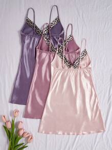 3pcs Leopard Print Contrast Collar Knotted Faux Silk Nightgown Set For Women - Multicolor - View 2