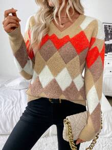 SHEIN LUNE 女士撞色菱形图案长袖针织衫，秋冬季 - 彩色 - 查看 4