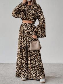 SHEIN LUNE Bộ 2 áo crop top dài tay cổ tròn họa tiết da báo cho nữ và quần ống rộng, Xuân Hè - Nhiều màu - Xem 5