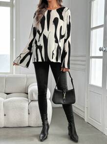 SHEIN Maternity Ripple Print Tie Back Long Sleeve Blouse , And White Blouse