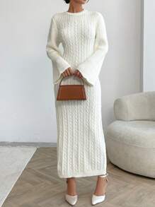 EURMUSE Cable Pattern Sweater Dress Fall Winter - White - View 6