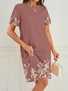 EMERY ROSE Đầm suông rộng rãi, cổ tròn, tay ngắn, in hoa, thoải mái mặc hàng ngày cho nữ - Bụi hồng - Xem 4