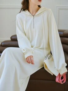 EastFlair Váy nỉ dài tay có mũ trùm đầu rút dây kéo thời trang thu đông cho nữ - Màu be - Xem 3