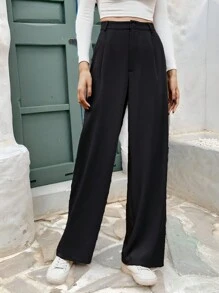 SHEIN Frenchy High Waist Plicated Detail Straight Leg Baggy Black Pants