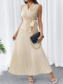 SHEIN Privé 大码女式夏季简约优雅通勤约会聚会装裹身式西装背心和褶皱 A 字长裙 - 杏色 - 查看 8