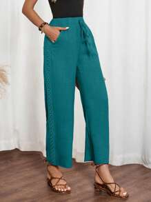 SHEIN LUNE Women's Denim Effect Lace-Up Flounce Side Pants - Green - View 4