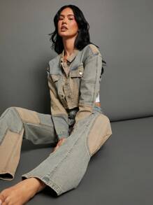 WESTFADE Premium 99% Cotton Denim Mid Rise Patchwork Y2K Wide Leg Jeans - Light Wash - View 9