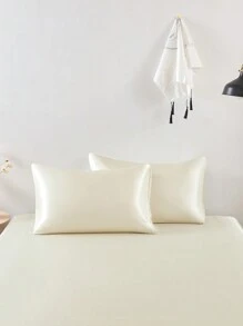 2 件套米色丝滑缎面纯色枕套，柔软枕套，信封封口，适用于卧室，防皱，更适合头发皮肤睡眠，无填充枕头套，适用于卧室，床上用品超柔软透气，无填充物，可机洗 - 米色 - 查看 4