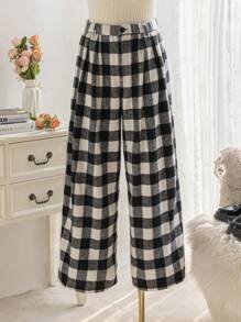 Dreamara Pantalones anchos de pierna ancha de cuadros blanco y negro con doble cintura para mujer talla grande de vacaciones - Multicolor - Ver 1